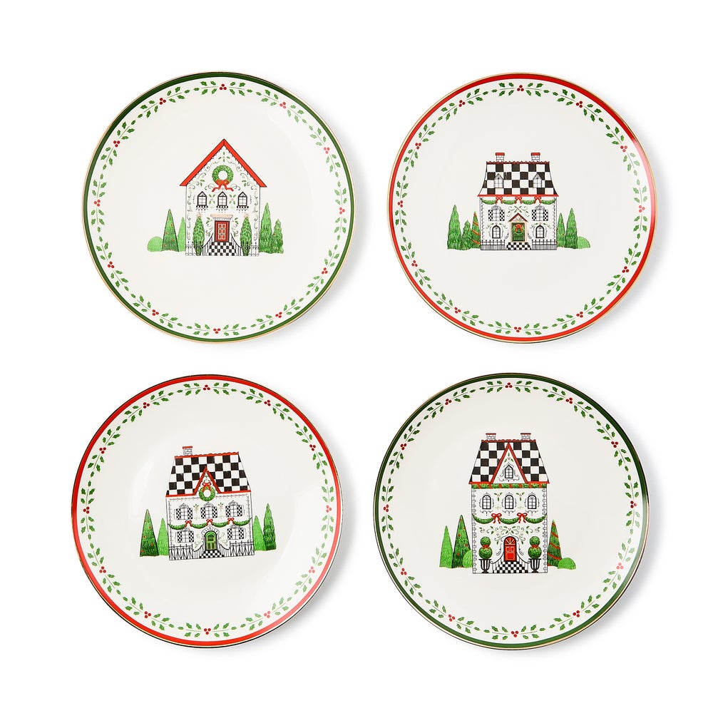 Holly Village Ceramic Dessert Plates, Set of 4