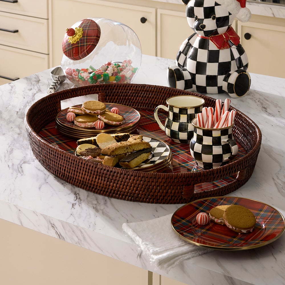 Tartan Enamel & Rattan Tray