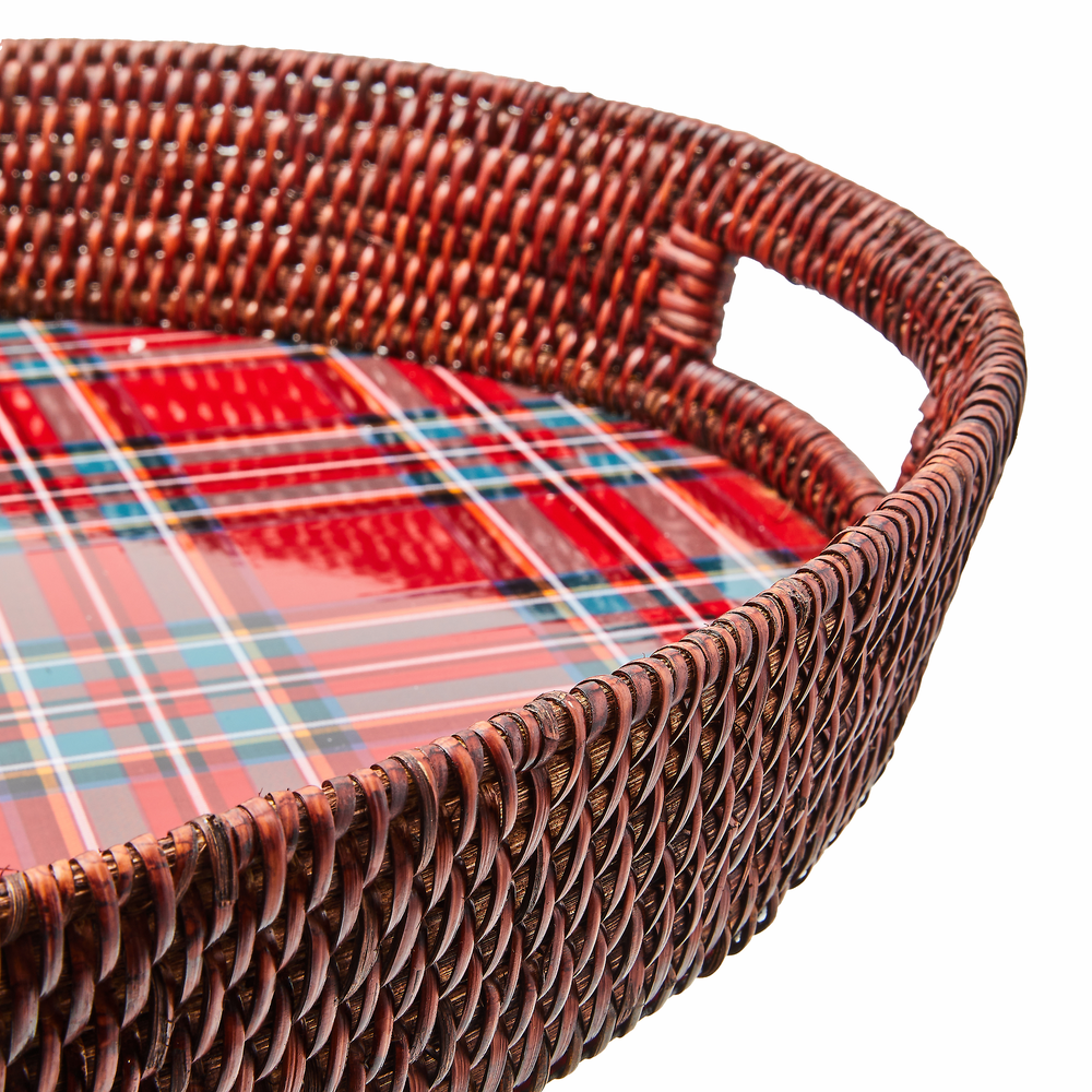 Tartan Enamel & Rattan Tray