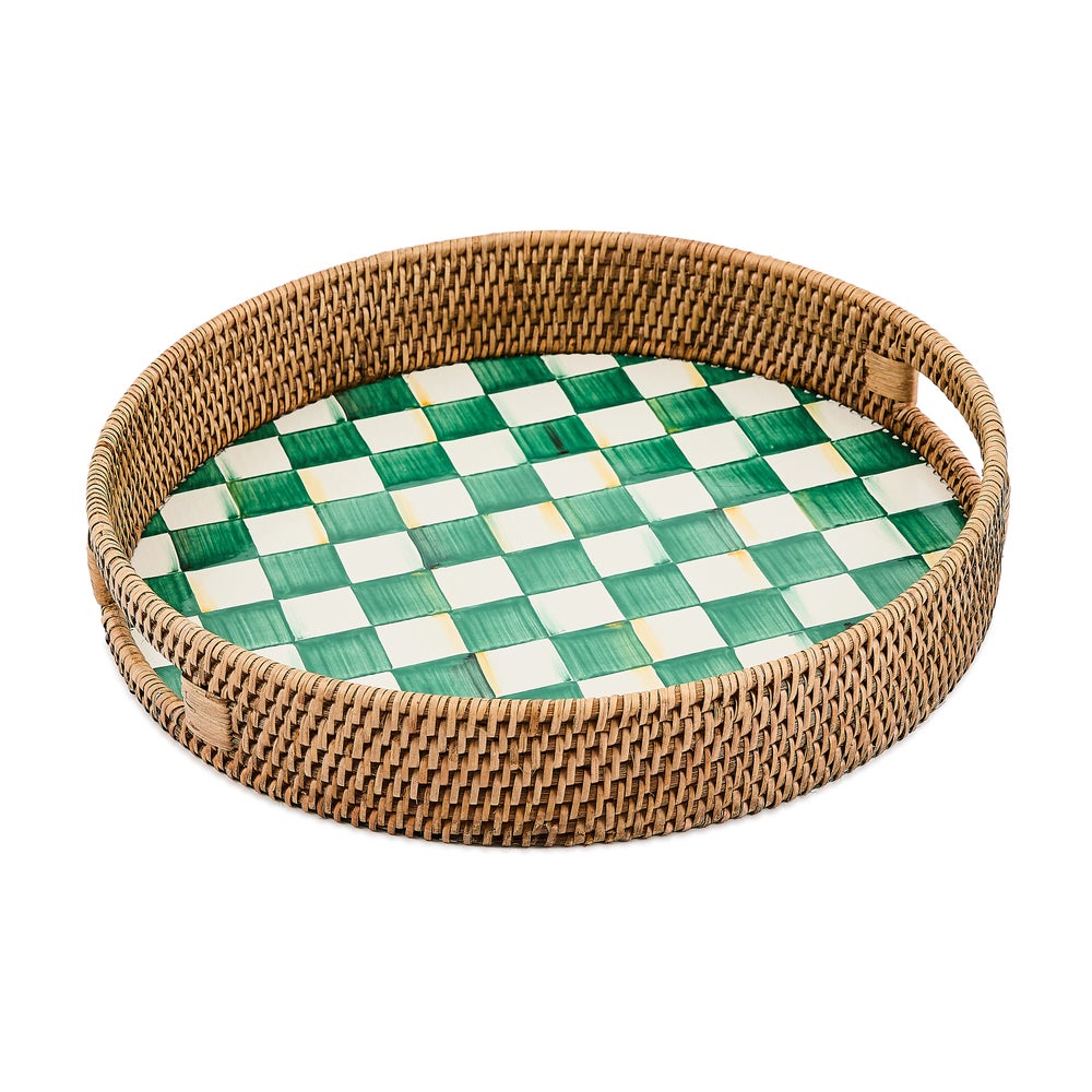 Check Enamel & Rattan Tray