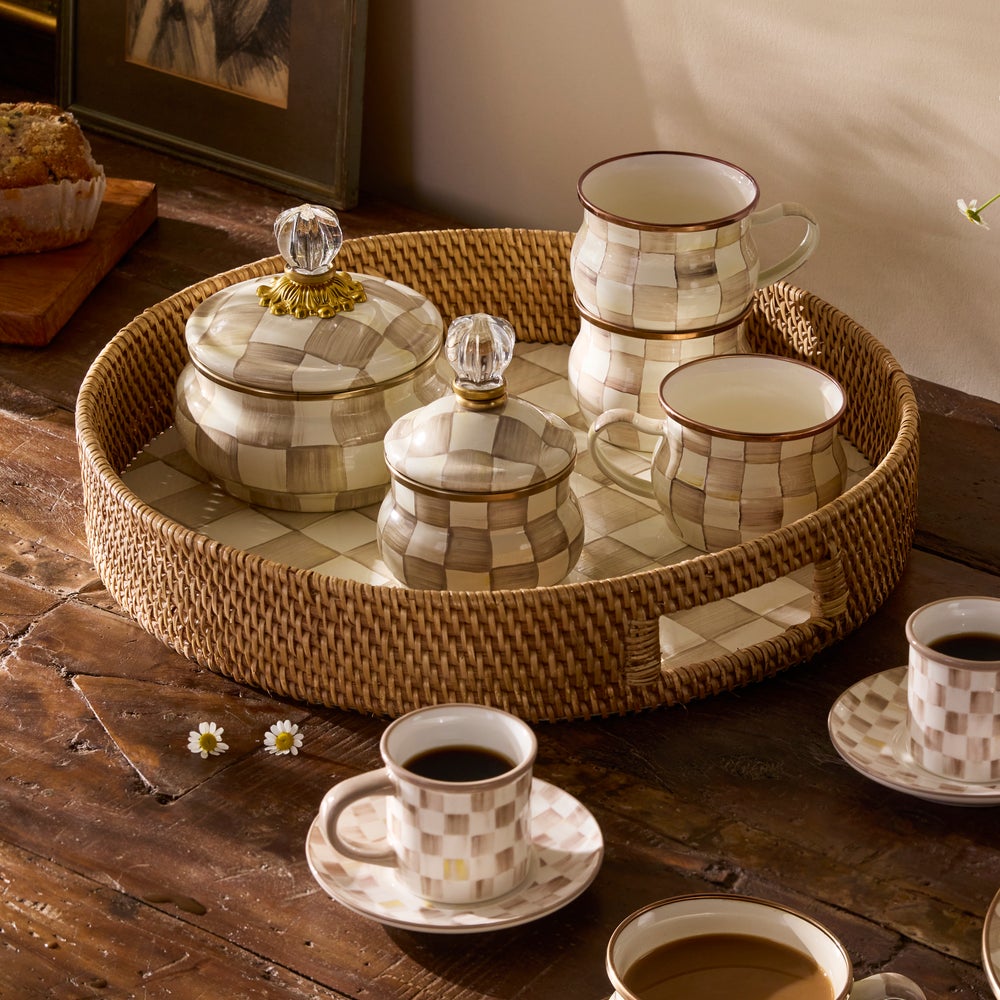 Check Enamel & Rattan Tray