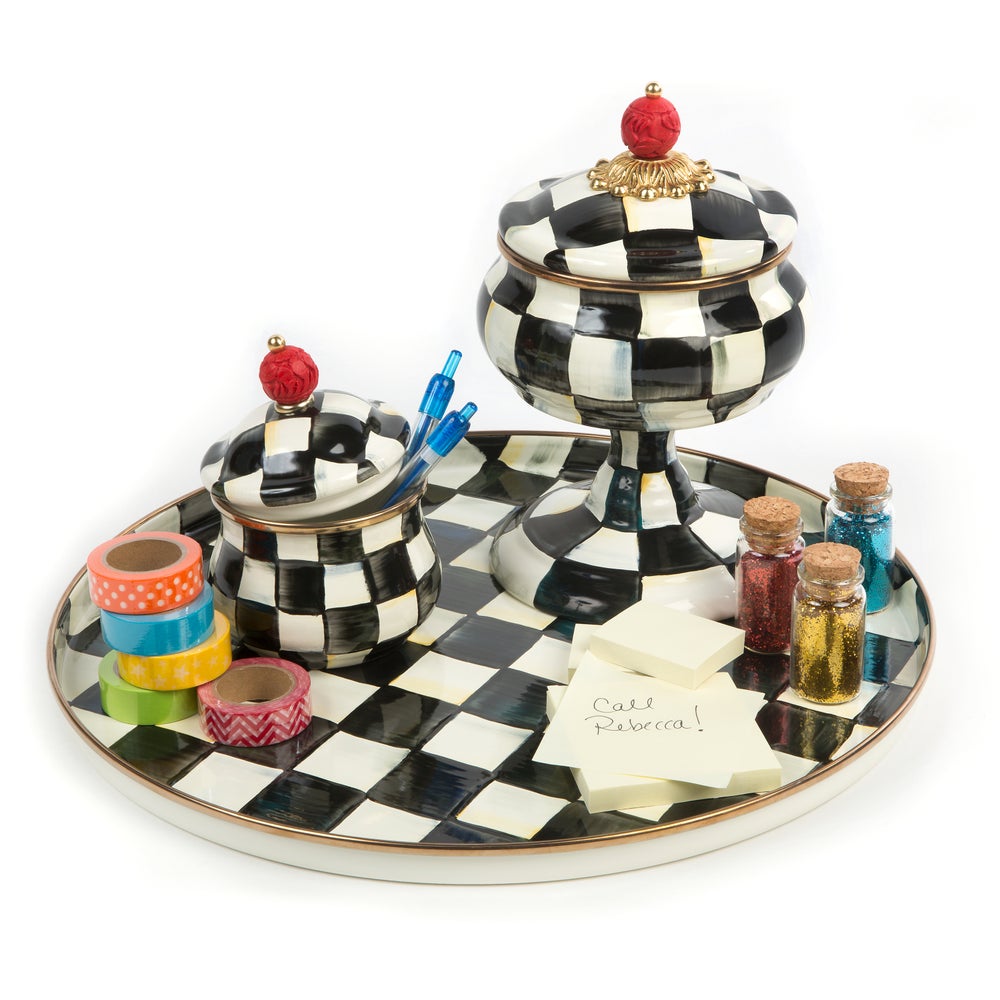 Check Enamelware Round Tray